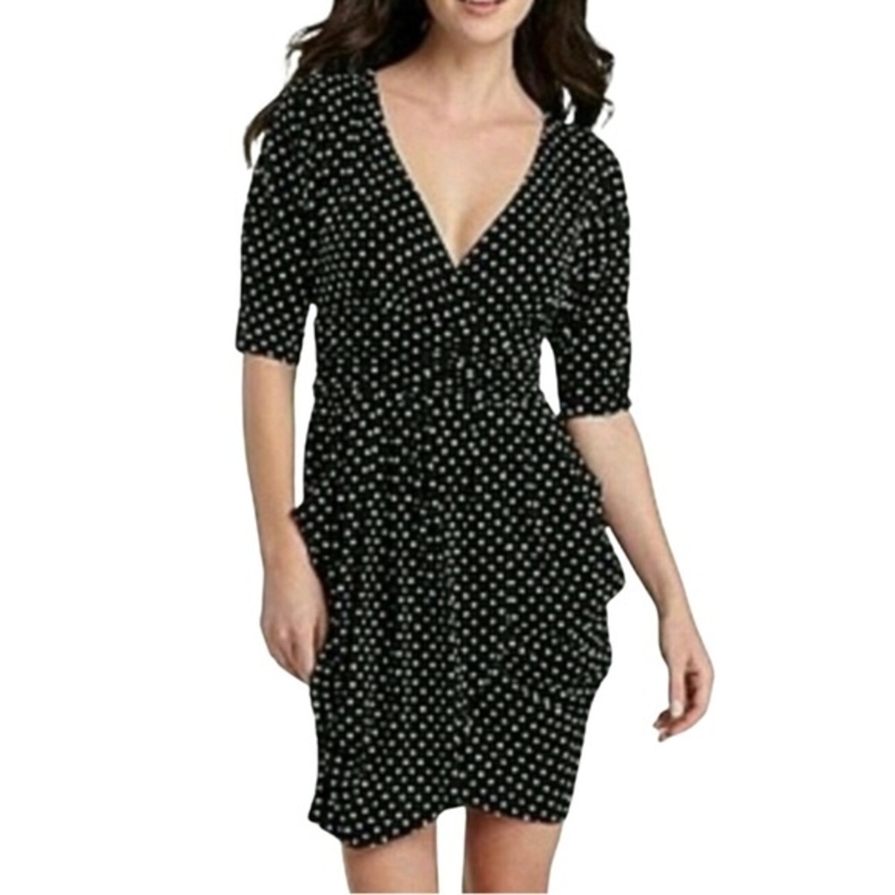 B. Smart black and white polka dot wrap tulip skirt dress with pockets size 4